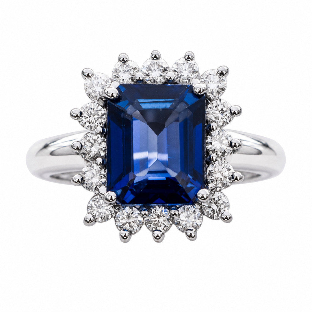 Nora – 4.81 Carat Blue Sapphire Ring with 0.70 Carats of Natural Diamonds – white background view 1