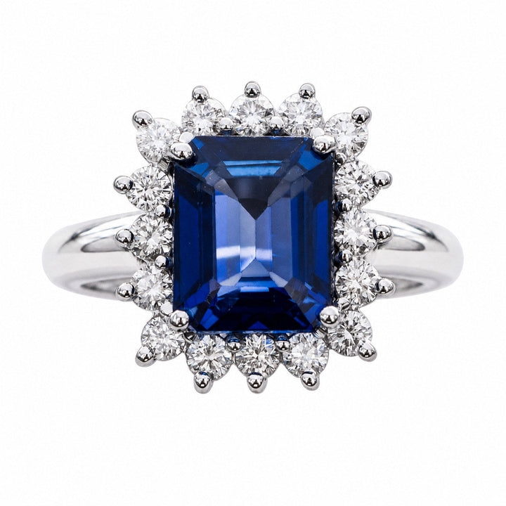 Nora – 4.81 Carat Blue Sapphire Ring with 0.70 Carats of Natural Diamonds – white background view 1