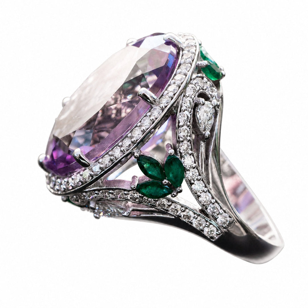 Emani – 20.00 Carat Natural Purple Amethyst Ring with Natural Diamonds – white background view 4