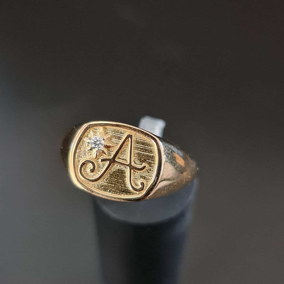 Men's Personalized Initial and Diamond Star Signet Ring – view 3