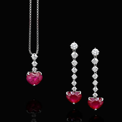 set of ruby earrings and pendant - with diamonds - 18K white gold