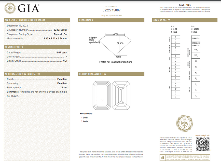 8.07 carat Natural Diamond Emerald Cut H VS1 Faint GIA Certificate ...