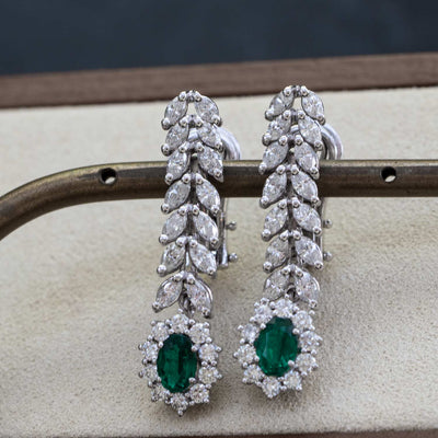 Drop green emerald earrings for womens, 18K white gold, 2.36 carat diamonds