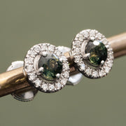 Armande - Boucles d'oreilles rondes saphir vert bleuâtre naturel de 0.93 carat avec diamants naturels de 0.30 carat