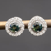 Armande - Pendientes redondos de zafiro verde azulado natural de 0.93 quilates con diamantes naturales de 0.30 quilates