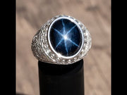 Marlène - Anillo para hombre con zafiro estrella ovalado azul de 13.00 quilates con diamantes naturales de 1.14 quilates