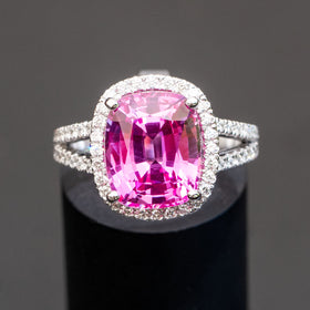 6.50 ct cushion pink sapphire halo diamond engagement ring, Pink ...