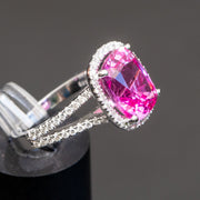 Andrée - 6.50 carat cushion pink sapphire ring with 0.69 carat natural diamonds