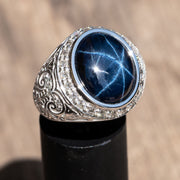Marlène - Bague diamant saphir étoilé ovale bleu 13.00 carats pour homme avec diamants naturels 1.14 carat