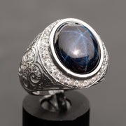 Marlène - 13.00 carat blue oval star sapphire diamond ring for men with 1.14 carat natural diamonds