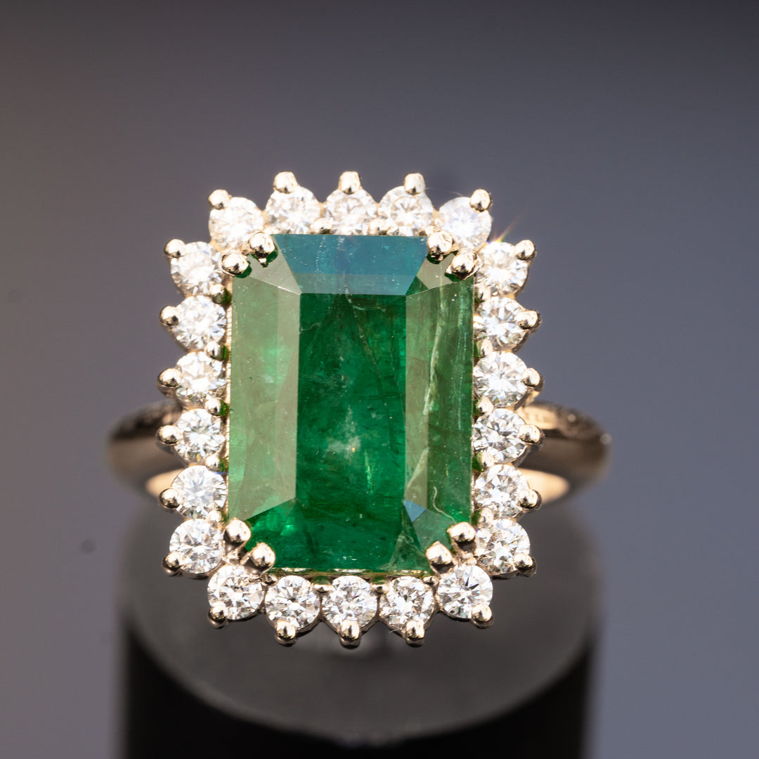 Natural emerald diamond engagement ring, Green emerald diamond