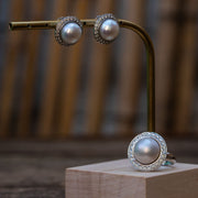stud pearl diamond halo earrings