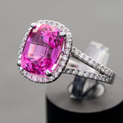 Mia - 7.50 carat cushion pink sapphire ring with 0.50 carat natural diamonds