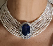 Princess Diana sapphire pearl choker necklace - 65.00 carat sapphire, 7.71 carat natural diamonds, 20.2 carat pearl