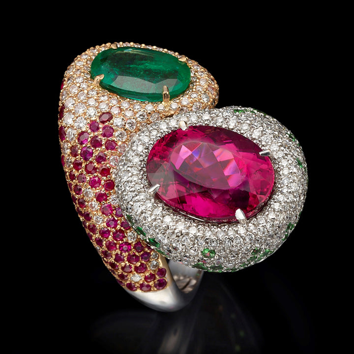 9.67 carat natural rubellite & 3.5 carat emerald ring with 6.45 carat ...