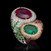 Carina - anillo de rubelita natural de 9.67 quilates y esmeralda de 3.5 quilates con diamantes naturales de 6.45 quilates, rubí y tsavorita