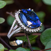 Large cushion blue sapphire statement ring for women birthday gift