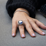 Large cushion blue sapphire statement ring for anniversary