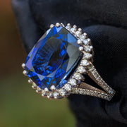 Large cushion blue sapphire statement ring for women anniversary or birthday gift