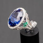 anillo vintage de zafiro azul con diamantes verdes esmeralda para mujer
