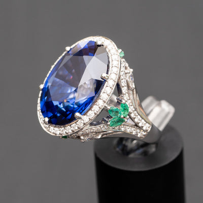 vintage blue sapphire-with green emerald diamonds ring for women